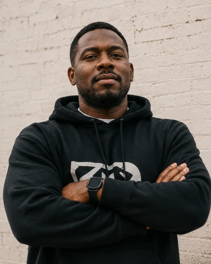 A Black man in a dark hoodie against a brick wall.