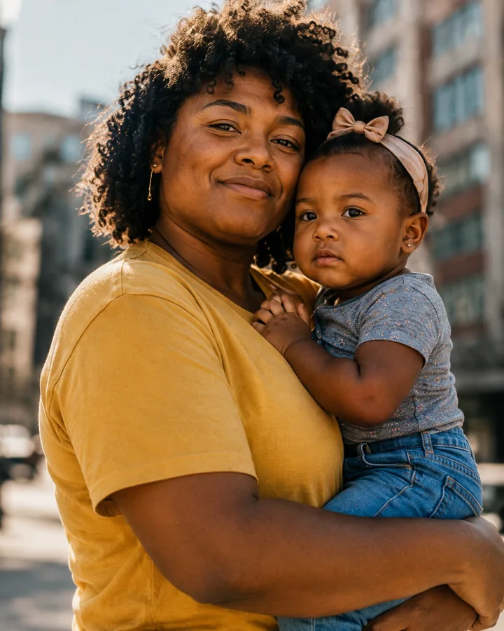 A mother holding her young child.