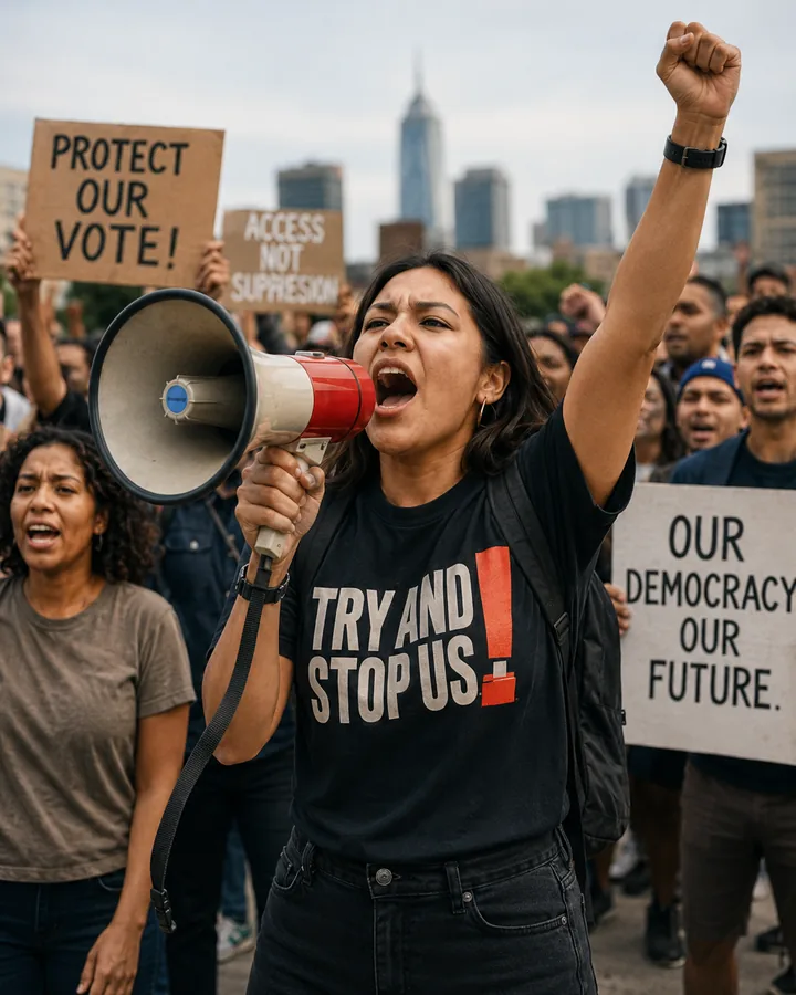 A woman speaks into a megaphone with a raised fist, surrounded by a crowd carrying protest signs.