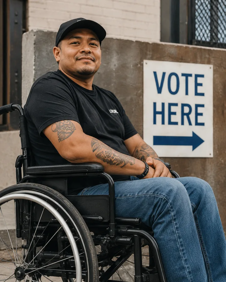 A man using a wheelchair beside a Vote Here sign.